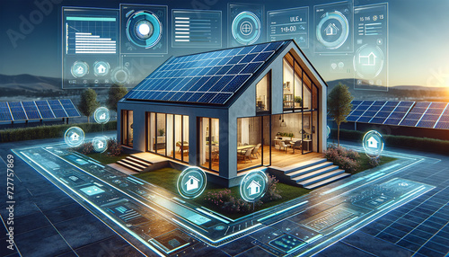 Modern eco-friendly house with solar panels, smart home technology interface against a sunset landscape,showcasing sustainable living and futuristic energy management.Smart home concept.AI generated.