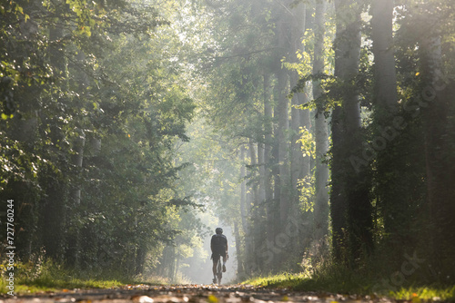 homme cycliste de dos, sur un chemin en foret, cyclotourisme nature