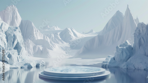 empty round stage ice podium on ice covered lake with snow montain and clear sky in winter for product stand display advertising cosmetic, beauty products, skincare - AI Generated Abstract Art