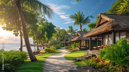A luxurious beachfront resort, surrounded by tropical gardens, offering an oasis of serenity.