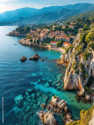 Bird's-eye view of the Mediterranean coastline of the C√¥te d'Azur featuring a historic town in France.