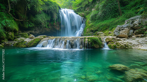 cascata impetuosa che si getta in una piscina naturale, acqua cristallina, rocce muschiose, vegetazione lussureggiante, 