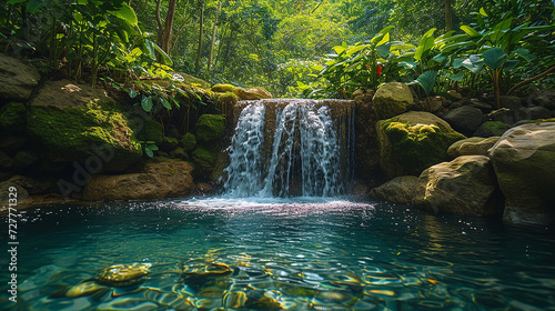 cascata impetuosa che si getta in una piscina naturale, acqua cristallina, rocce muschiose, vegetazione lussureggiante, 