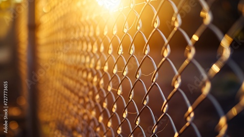 Sunlit steel mesh grid with detailed fence and illuminated background.