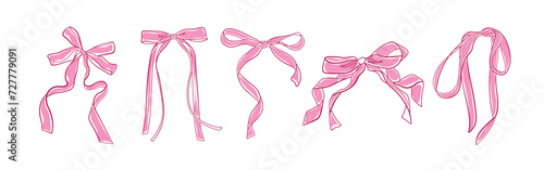 Hand drawn pink bow of coquette soft style. Cute pink ribbon bow collection vector 