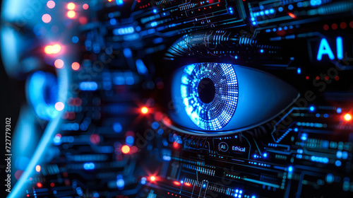 Close-up of a woman's eye with 'ETHICAL AI' illuminated on a neon futuristic technology background, symbolizing the intersection of human ethics and artificial intelligence