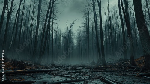 Dark desolate forest with dead trees, Broken braces, Scary. Generative AI.