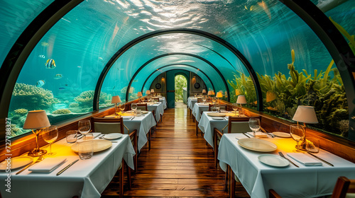 underwater restaurant with a panoramic view of a vibrant coral reef, offering a unique dining experience