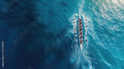 Aerial drone top ultra wide panoramic view of sport canoe rowing synchronous team of athletes competing in deep blue sea