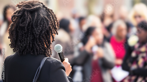 rea view of african woman with microphone leading event for women's day