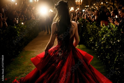Back view of a female actress wearing a very long dress at the gala dinner. A female actress wearing a luxurious party dress walks on the red carpet