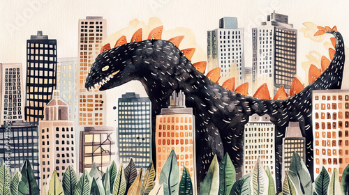 big monster destroying city skyline. Illustration. Watercolor.