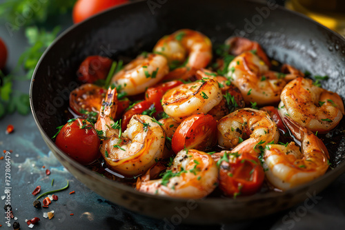 Garlic Prawn Scampi: A Tasty Gourmet Seafood Delight on a Rustic Wooden Plate.