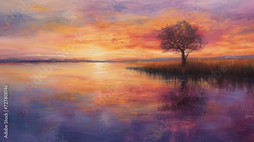 A serene landscape depicting a tranquil lake at dusk, with the sky ablaze in shades of orange, pink, and purple. Oil painting. 