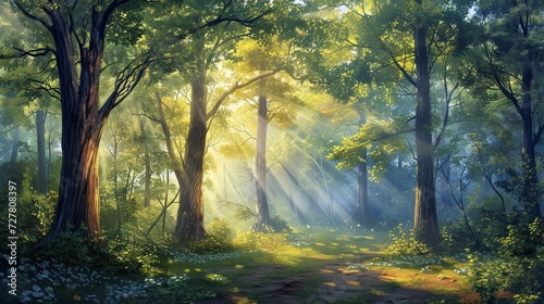 Ethereal forest scene at sunrise, where the light filters through the trees. Oil painting. 