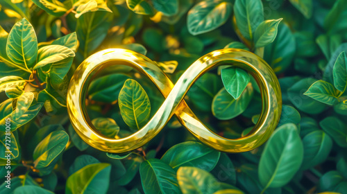 Golden infinity symbol sign on nature background with green leaves. World autism awareness day, autism rights movement, neurodiversity, autistic acceptance movement