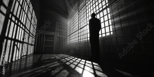 A man is standing in a jail cell. This image can be used to depict imprisonment, incarceration, or the criminal justice system