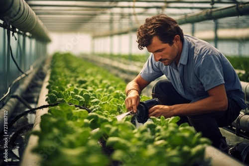 Farmer adjusting water pipe for supply watering system in hydroponic greenhouse