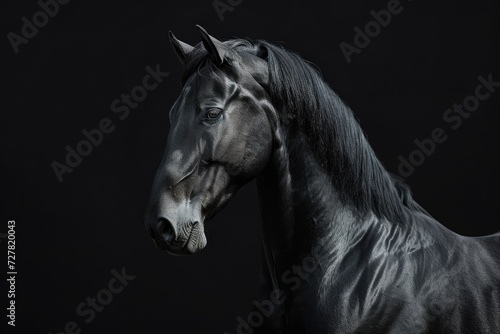 A black horse standing in a dark room. Suitable for equestrian themes or mysterious settings
