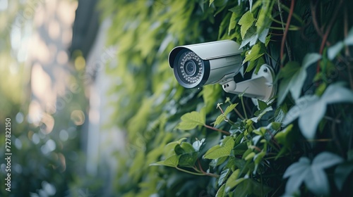 A security camera mounted on the side of a tree. Can be used to monitor outdoor areas for surveillance purposes