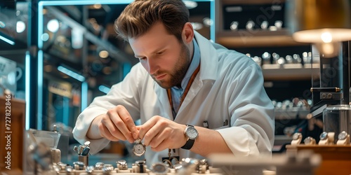 Dedicated craftsman meticulously repairing a watch. the focus and precision of skilled labor. professional watchmaker at work. crafting excellence. AI