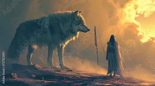 Digital art style illustration painting of a woman holding a magic spear in front of her guardian wolf