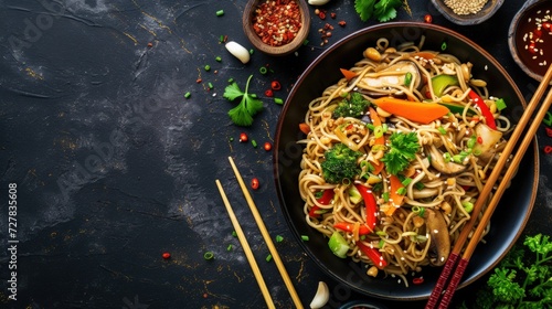 Delicious asian noodles with vegetables and mushrooms on dark background . Top view copy space