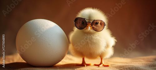 A charming yellow chick sporting a pair of oversized round sunglasses, poised confidently beside a large white egg on a soft, warm-toned background