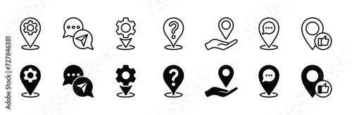 Service, support and help center location thin line icon set. Map pin with gear, chat bubble, question mark, navigation, hand and thumb up. Vector illustration