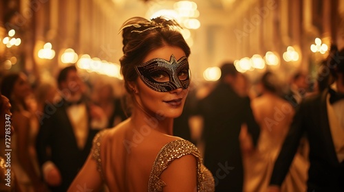 Woman in a Sparkling Gold Dress and Mask. Elegant masquerade ball in a classic antique mansion. Mardi Gras decorations. Secrecy and High Society Events. AI Generated