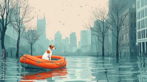 A dog in a lifeboat during a flood
