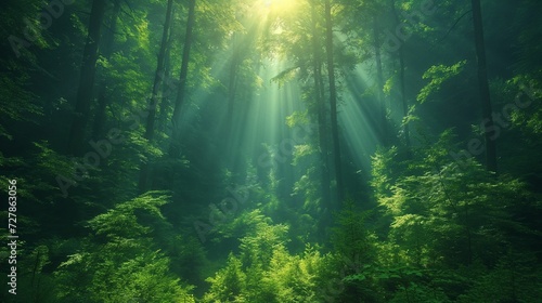 Sunlight Peering Through Towering Trees in a Lush Forest