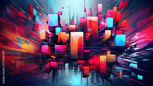 a colorful abstract painting of a cityscape