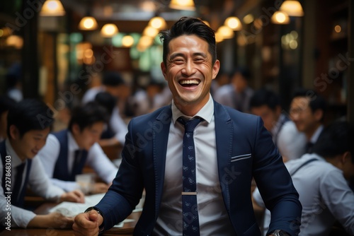Businessman with a beaming smile enjoying a lighthearted moment in the bustling atmosphere.