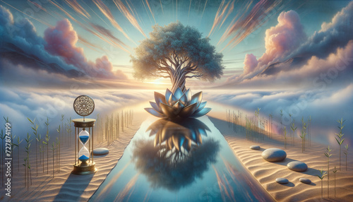 Tranquil Dawn: Symbolic landscape merging AI and ethics with serene lake, ancient tree, and metallic lotus.