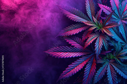 beautiful fan leaves and cannabis bud in purple glow of light.