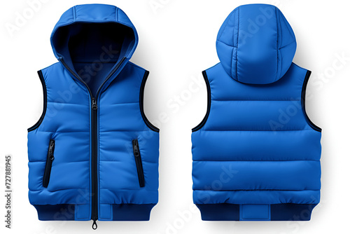 Fashion blue downy waistcoat, insulated vest with hood, mockup on white background. Space for design, print and showcasing. Generate Ai.