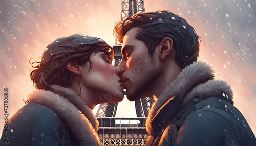 Two lovers kissing in front of the eiffel tower in winter, illustration for valentine's day