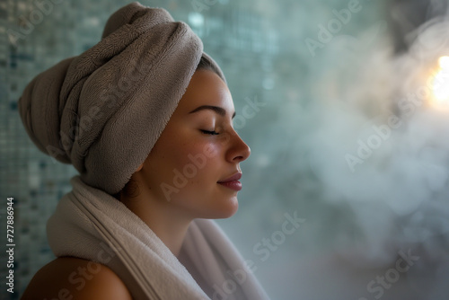 Young woman in herbal steam room filled with herbal aromas. Purifying and rejuvenating spa experience