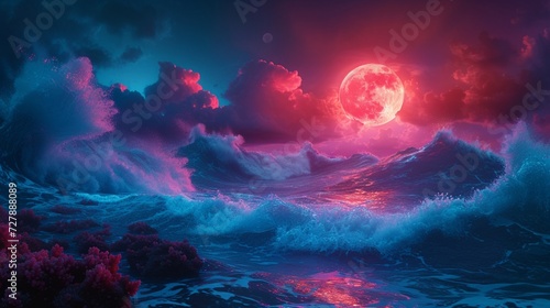 Turquoise waves colliding with coral reefs under a neon moon. 