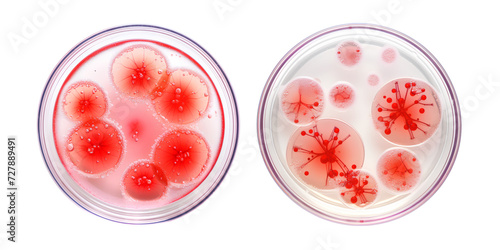 A Simulation two contains of red blood agar petri dish in foreground with colonies of bacteria, Microbiology lab for antibiotic resistance, Drug resistant bacteria, Laboratory concept, PNG