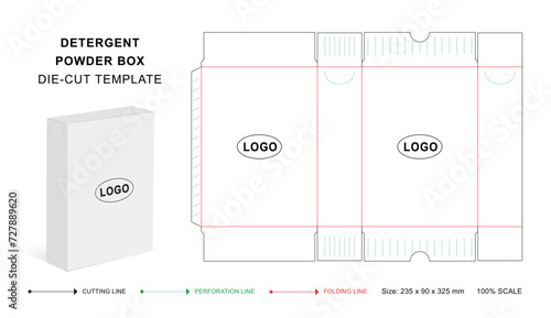 Detergent powder box die cut template with 3D blank vector mockup