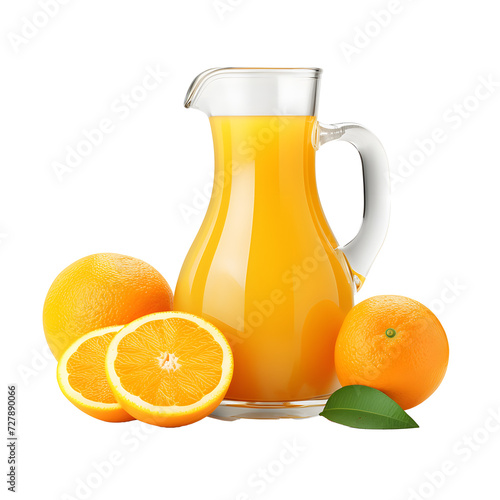 a glass pitcher of orange juice next to oranges