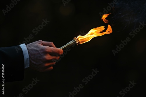 A businessman's hand holding a lit torch in darkness, symbolizing guidance, leadership, and illuminating the path forward.