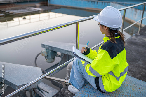 Environmental engineers work at wastewater treatment plants,Water supply engineering working at Water recycling plant for reuse