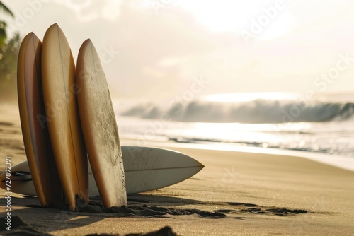 Surfboards on the beach at sunset. Surfboards on the beach. Vacation Concept with Copy Space. Surfboards on the beach. Panoramic banner. vacation concept. 