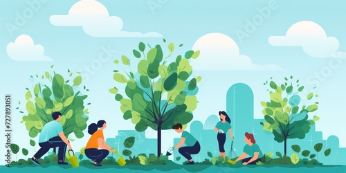 Illustration of people planting trees, promoting urban greening and community engagement.