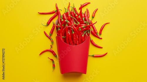 top view of red chili peppers packed in a french fries red paper box placed on a yellow background, 