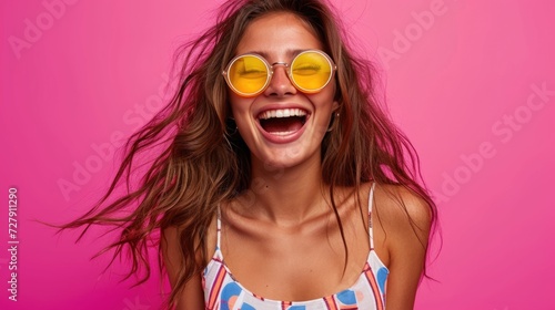Playful Woman Against Bright Pink Backdrop with Yellow Sunglasses