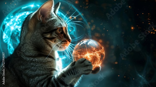 With a paw on a glowing globe and financial reports in the background, a visionary cat contemplates global economic forecasts and fiscal policies